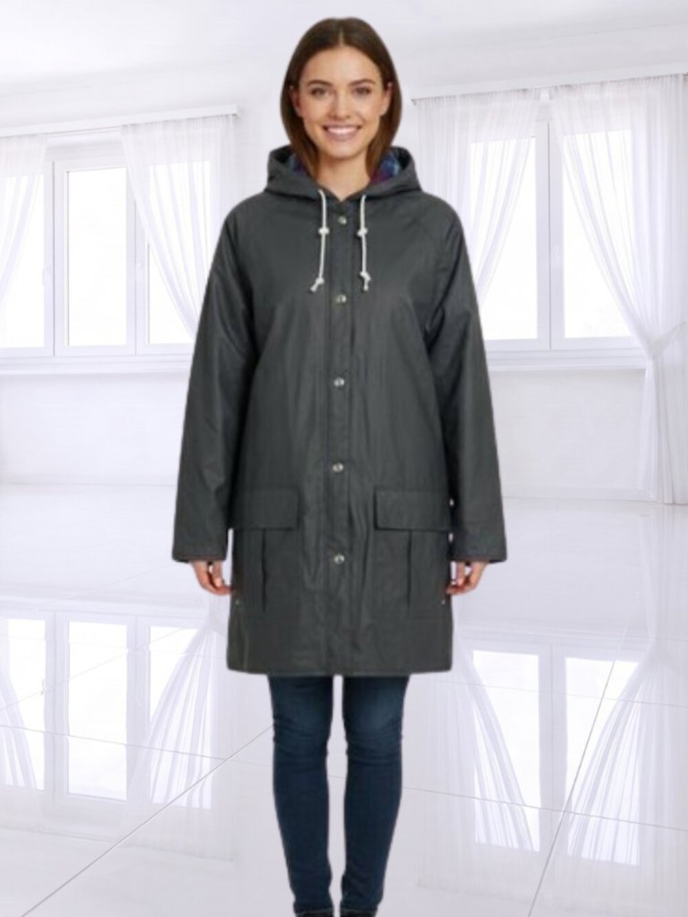 VINTAGE Thermal Slicks Essex Waxed Cotton Lined Rain Coat Jacket Plaid Hooded 16